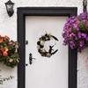 Halloween Månkrans Simulerade Rosor och Svart Katt - Dörrgirlang Halloween Hemfest Inomhusdekoration utan Strömförsörjning