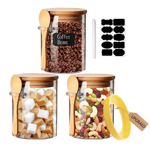 Glass Storage Container Tins with Airtight Lids and Spoons, Vacuum Food Storage Tins, Overnight Oats Canisters, Household Kitchen Tins for Coffee Bean