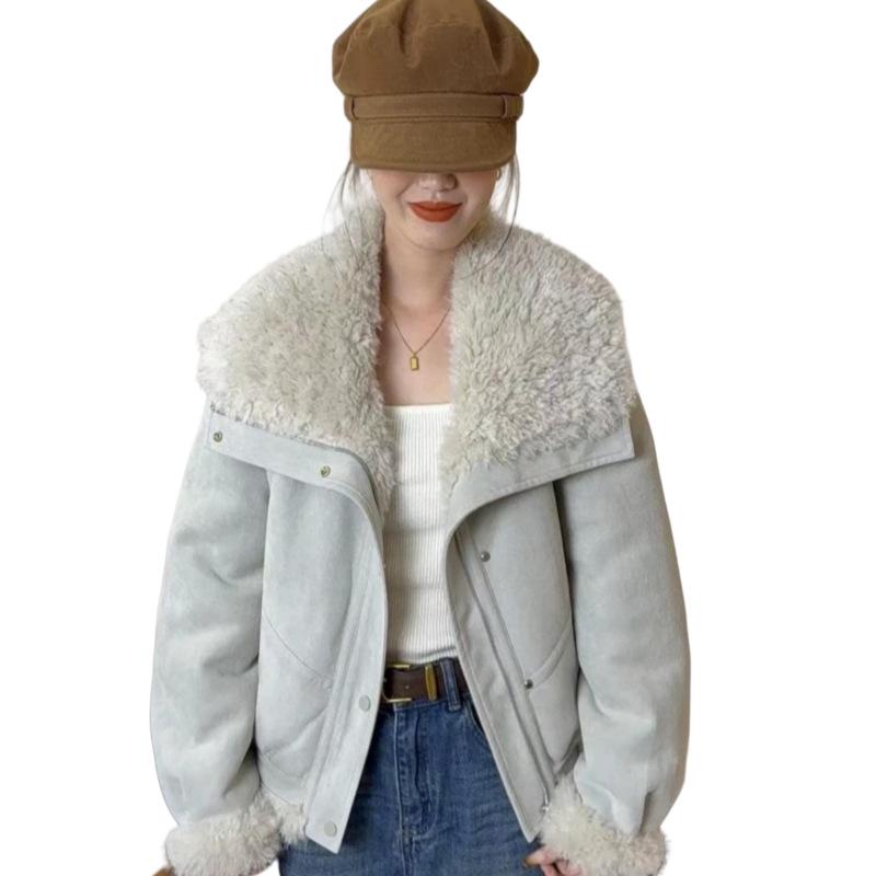 Korean Style Large Lapel Lamb Wool Women's Coat - Autumn/Winter Fashion, Slimming, Versatile, Thickened Short Motorcycle Jacket