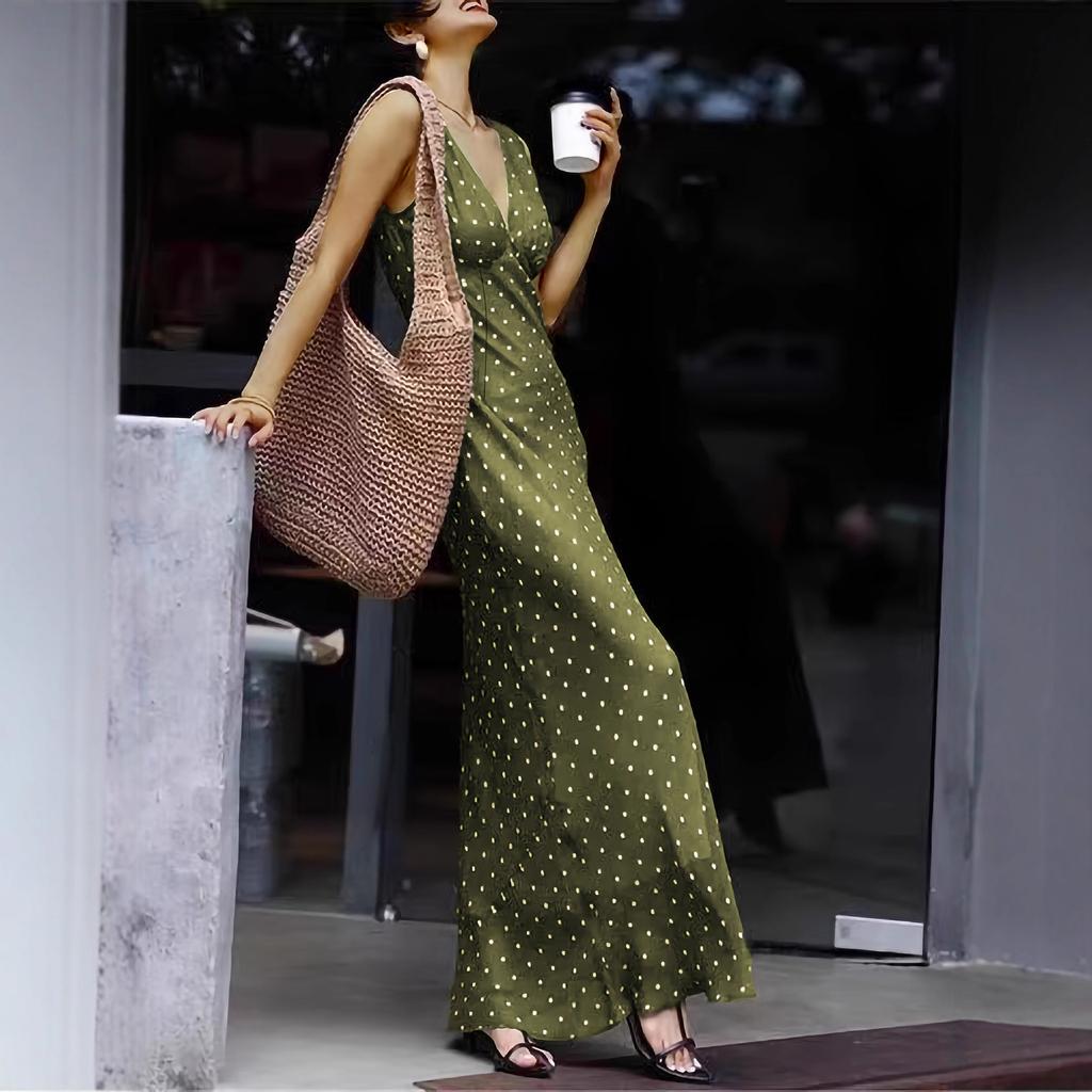 Women Sleeveless V Neck Polka Dot Print Maxi Dress Solid Color Casual Beach Dress