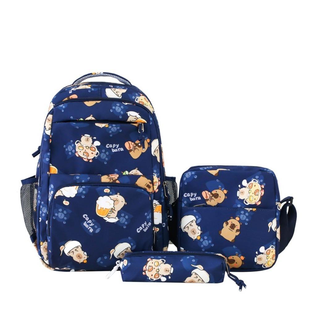 3Pcs/set Lovely Cartoon Capybara Backpack Large Capacity Nylon Students Schoolbag with Tote and Pouch Lightweight Animal Daypack