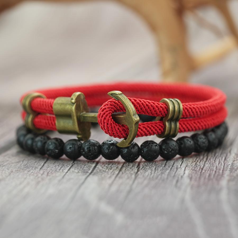 2Pcs Retro Anchor Bracelet For Men 6mm Natural Lava Stone Braslet Set Pulseria Hombre Nautical Wrap Rope Braclet Leisure Jewelry