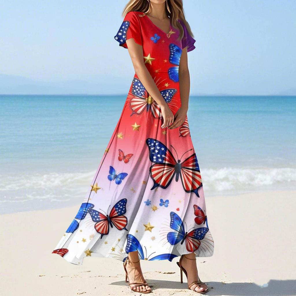 Women's Summer Casual Fashion Print Color Dresses V-Neck Short Sleeve Dresses
