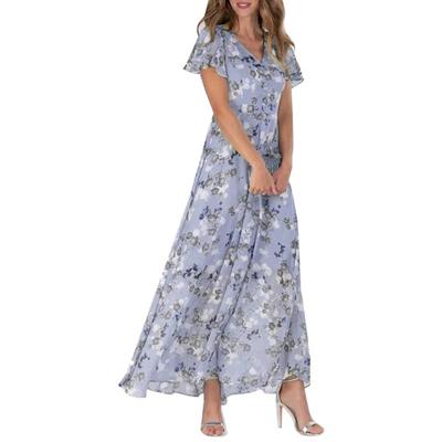 Women Vacation Dress V Neck High Waist Ruffle Flower Print Short Sleeves A-line Loose Big Hem Summer Beach Maxi Dress Resort Wear Long Dress