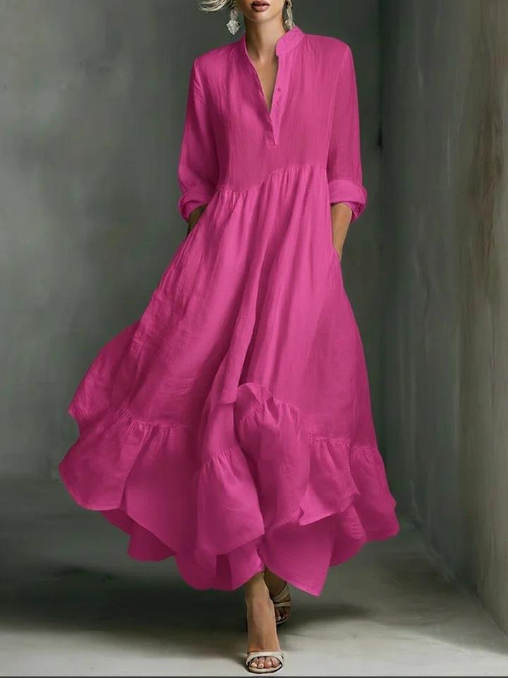 Women Solid Color Stand Collar V Notch Long Sleeve Tiered Ruffle Maxi Dress Casual Loose Fit Dress