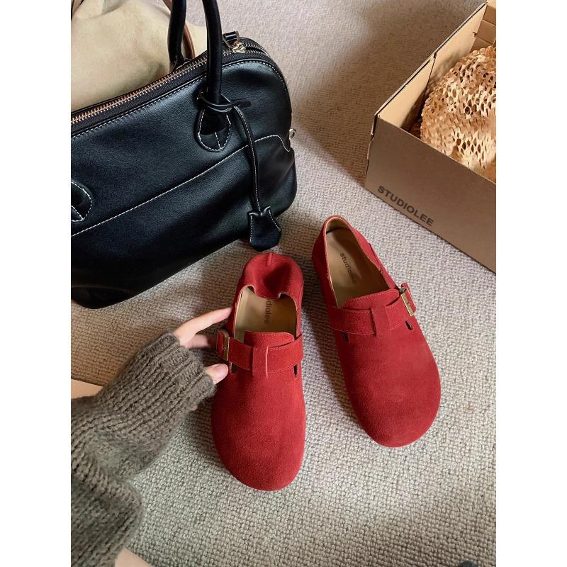 Sheepskin Genuine Leather Retro Women's One-pedal Heel Buckle Women's Flat-bottomed Lazy Single Shoes