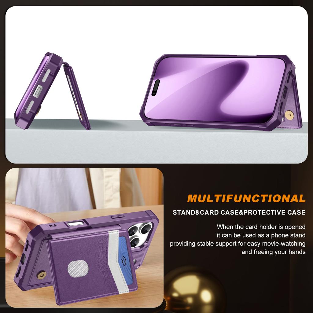 For iPhone 17 Pro Max Case RFID Blocking Card Slot Kickstand Leather + TPU Phone Cover