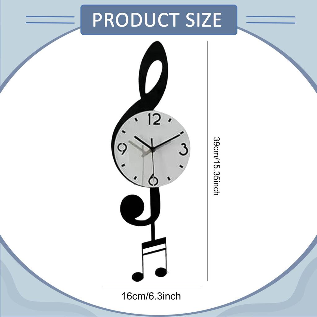 Music Note Wall Clock Quiet Acrylic Easy Read Decorative with Pendulum No Ticking for Cafe Kitchen Farmhouse Bathroom Home