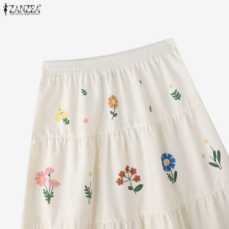 ZANZEA Fuste lungi cu imprimeu floral lejer cu talie elastică casual