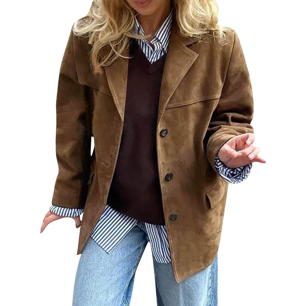 Women's Fashion Solid Color Vintage Casual Oversized Pocket Long-Sleeve  Jacket
