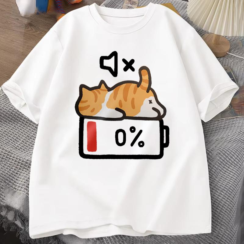 Retro Style Cat Printing Loose Short Sleeves T-shirt Woman Men Summer Round Neck Tops