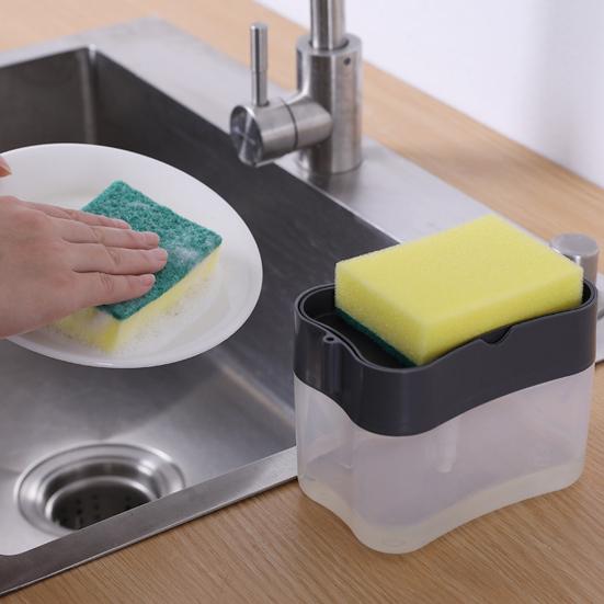 2 in 1 Kitchen Sink Soap Liquid Dispenser Box Easy Press Dishwash Liquid Box with Dishcloths Pot Sponge Brush