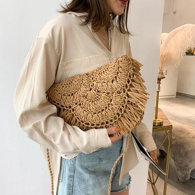 Straw Weaving Clutch Bag Tassels Design Women Square Wallet Retro Rattan Weave Crossbody Bags Summer Hand-Woven Flap Sling Purse
