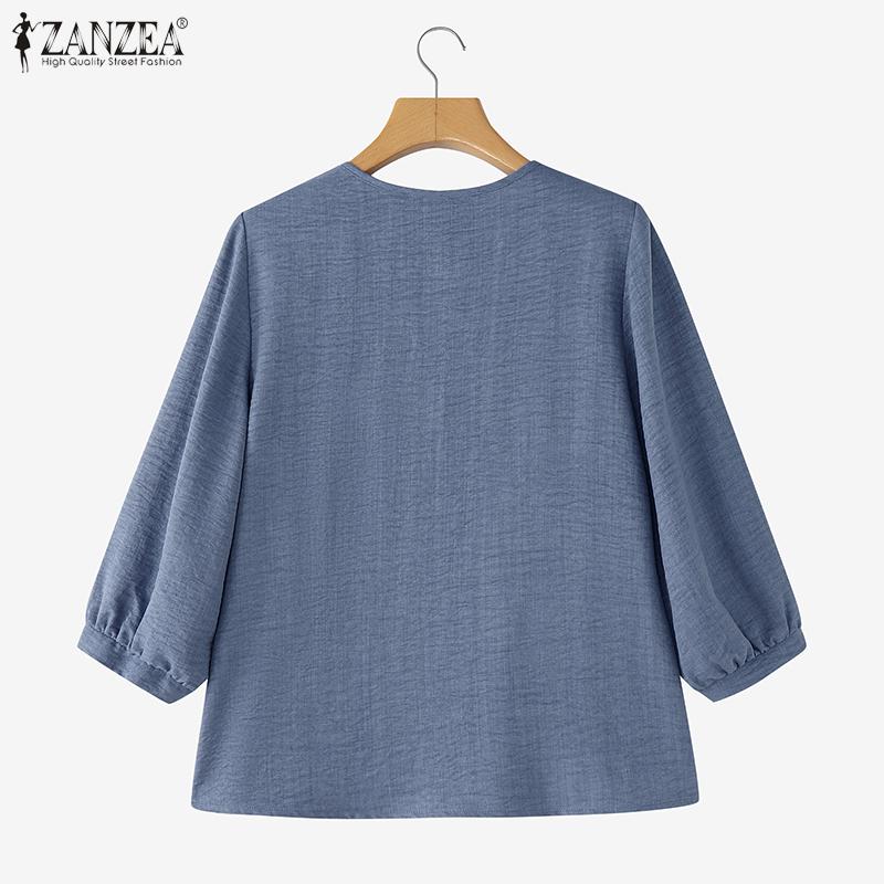 ZANZEA Dámská ležérní halenka s kulatým výstřihem, volným 3/4 rukávem a jednobarevným provedením