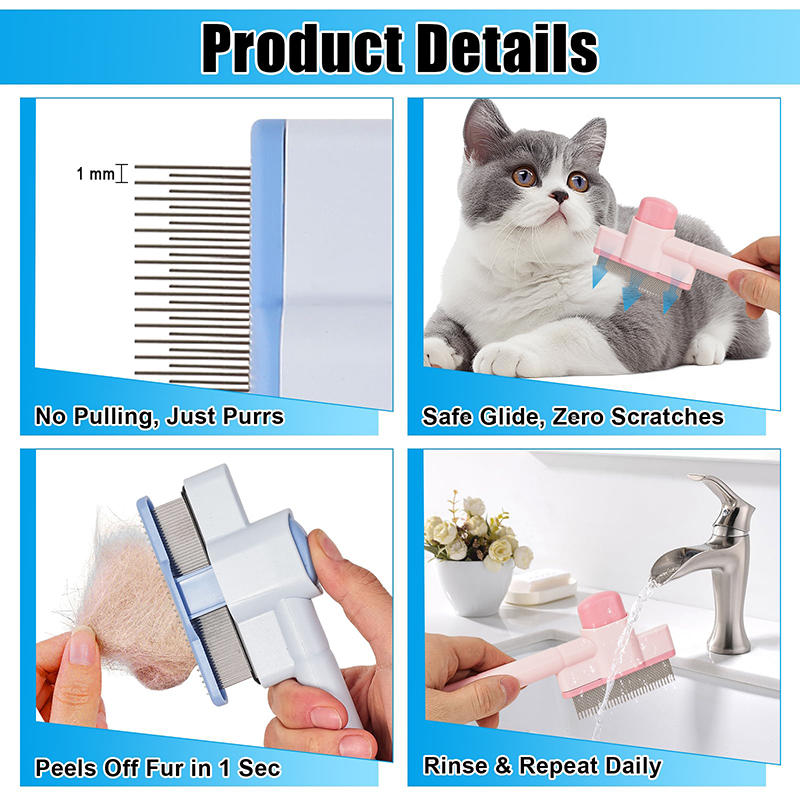 Stainless Steel Pet Deshedding Comb Fine-Tooth Rake One-Click Hair Release Flea Removal Tool For Dogs Cats
