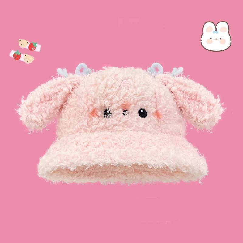 

Сладкая и милая плюшевая панама с кроличьими ушками для женщин, осенне-зимняя, холодная и теплая, универсальная, для маленького лица, с защитой ушей, шляпа-ведро M（54-58cm） розовый