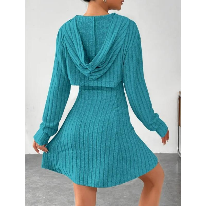 Damski Modny Casualowy Jednokolorowy Krótki Top z Kapturem z Długim Rękawem + Zestaw Sukienki bez Rękawów