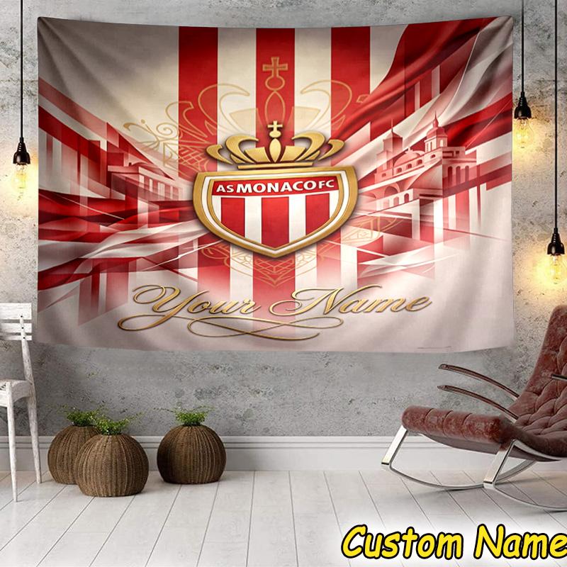 Custom Name As Monaco Fc Crest Tapestry Room Decoration Wall Hanging for Living Room Bedroom, dormitory, Birthday and Christmas gifts