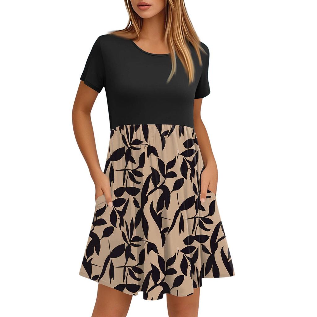 Women's Fashion Casual Loose Round Neck Short Sleeve Printed Pocket Dresses