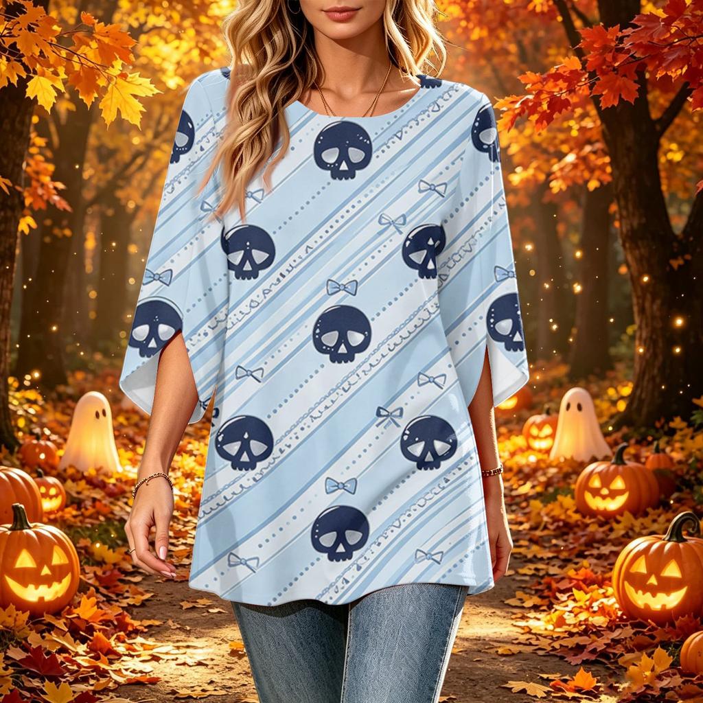 Women's Halloween Print Casual Loose Fit Three-Quarter Sleeve Round Neck Top
