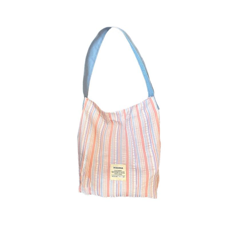 Plissert stripet kontrastfarget skulderveske, frisk og allsidig lerretsveske med stor kapasitet, skolesekk for kvinnelige studenter