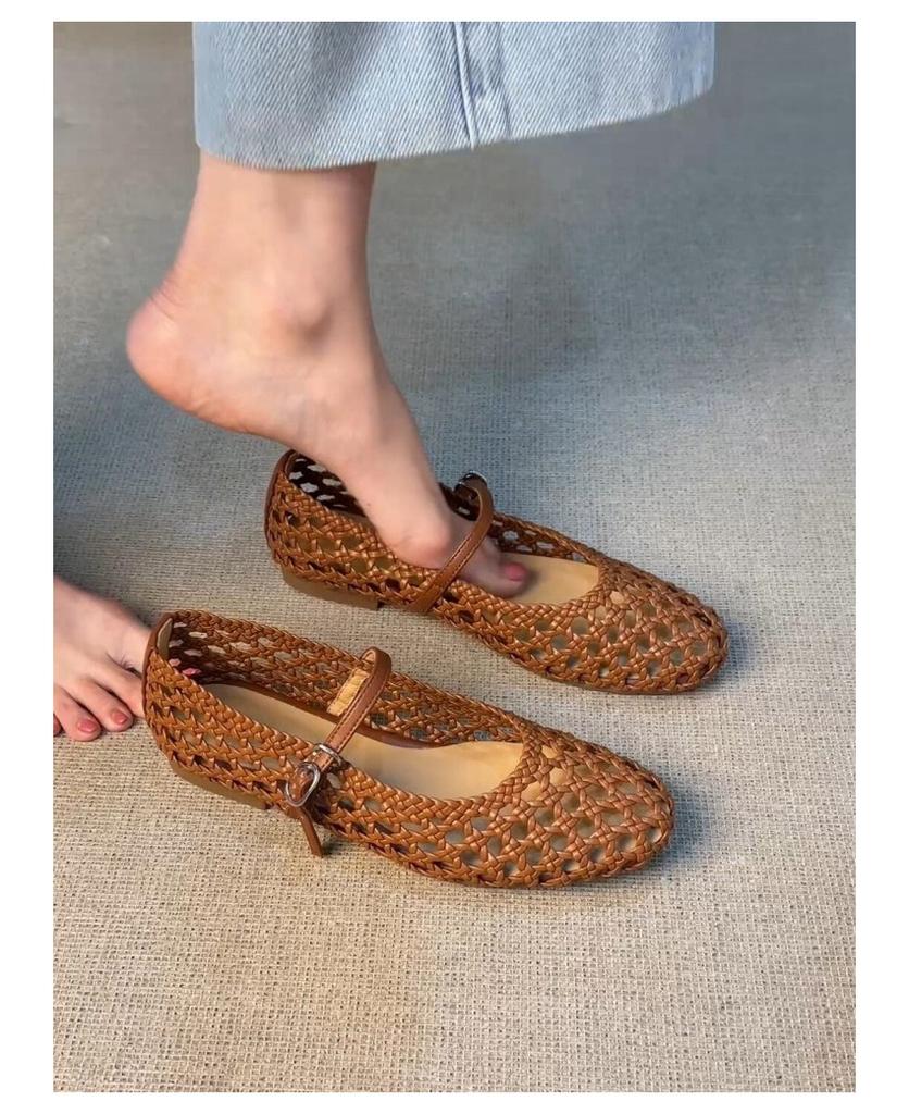 Sheepskin French hollow woven flat-soled sandals women's summer outer wear woven belt light mouth pig cage shoes Mary Jane single shoes