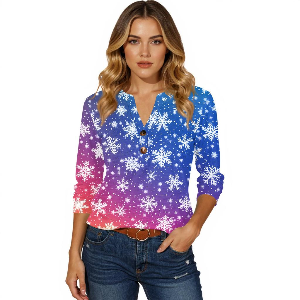 Women's T Shirt Christmas Print Button 3/4 Sleeve Daily Weekend Fashion Basic V- Neck Regular Top