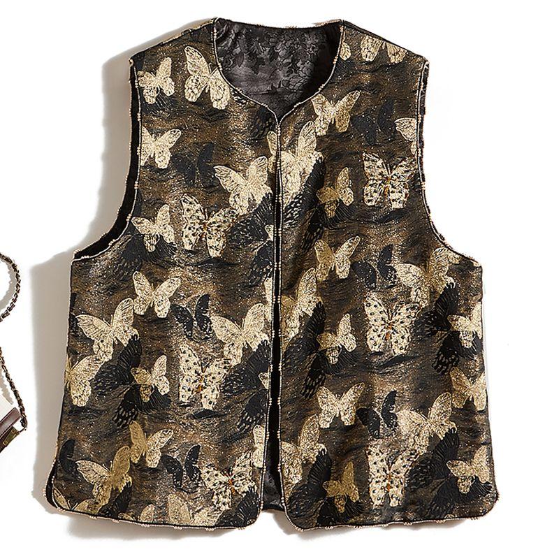 

New Fabric Technology! Pansy Gold Silk Embroidered Single-Breasted Craft Starlight Sense Vest Female Temperament Coat Color L