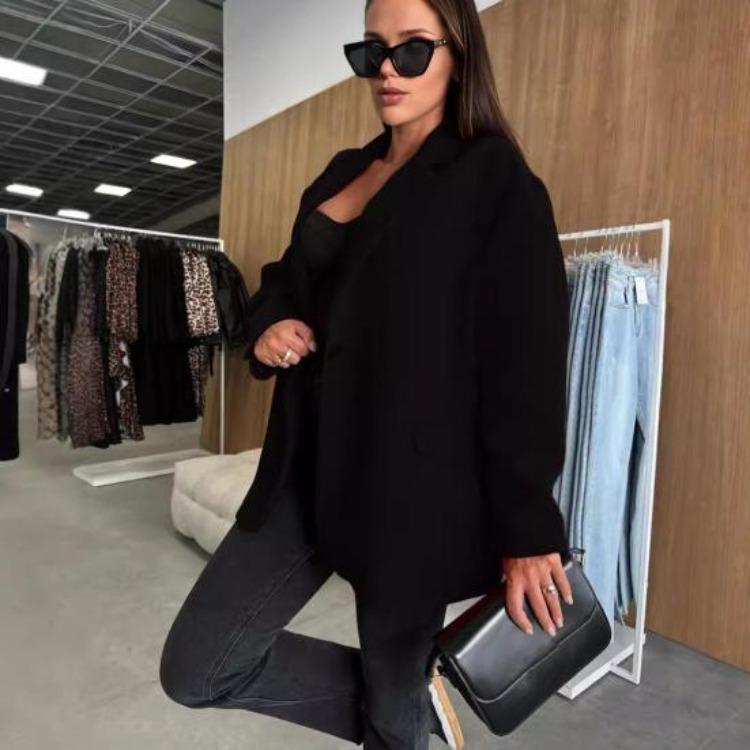 Women Winter Woolen Coat Oversized Thick Casual Long Sleeves Solid Color Top Autumn Loose Single Breasted Lapel Collar Jacket