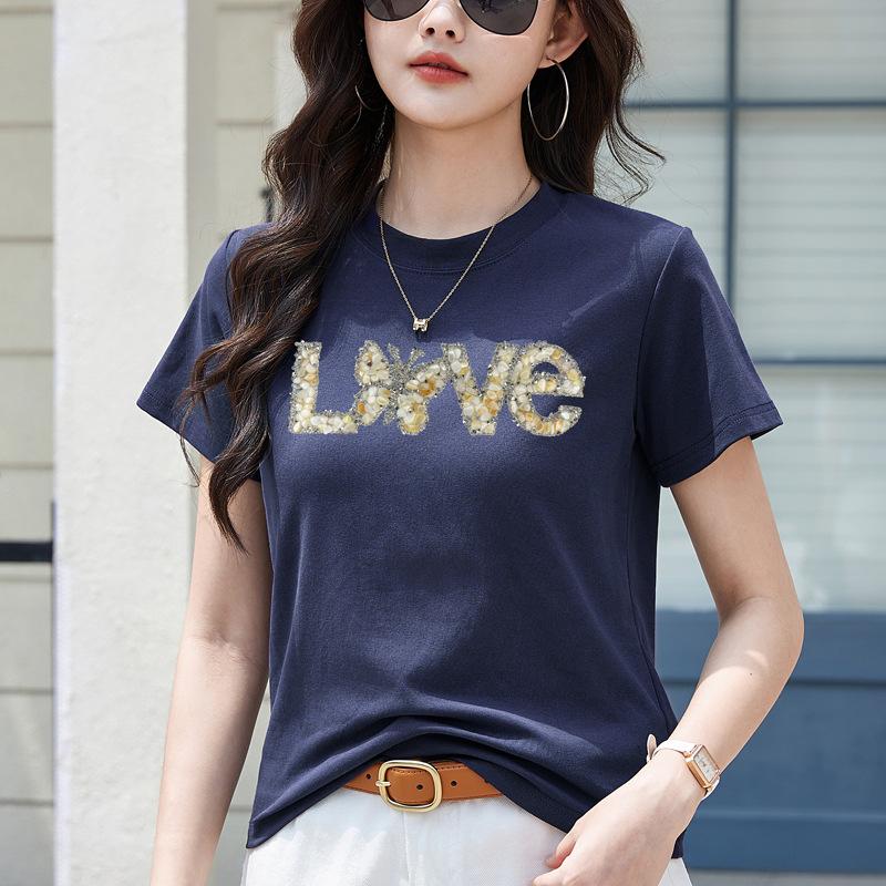 

Футболка с коротким рукавом для женщин на лето, свободного кроя, модная отделка, персонализированная трендовая футболка 3XL синий