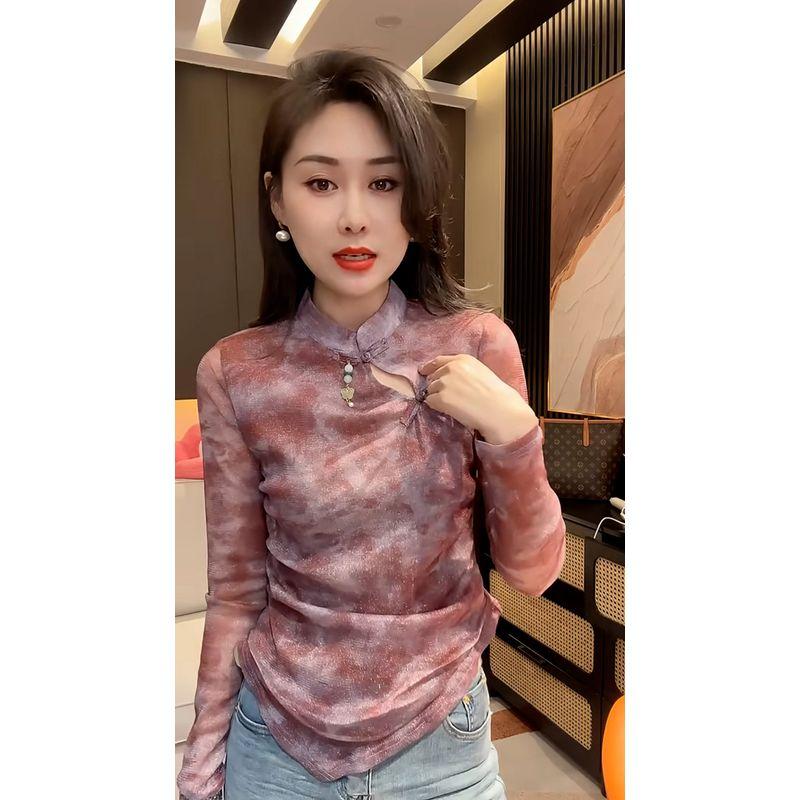 

New Chinese Style Buckle National Style Blooming Long Sleeves T-shirt Women s Thin 2024 Summer New Asymmetrical Stand-up Collar Cinched Tops Purple L