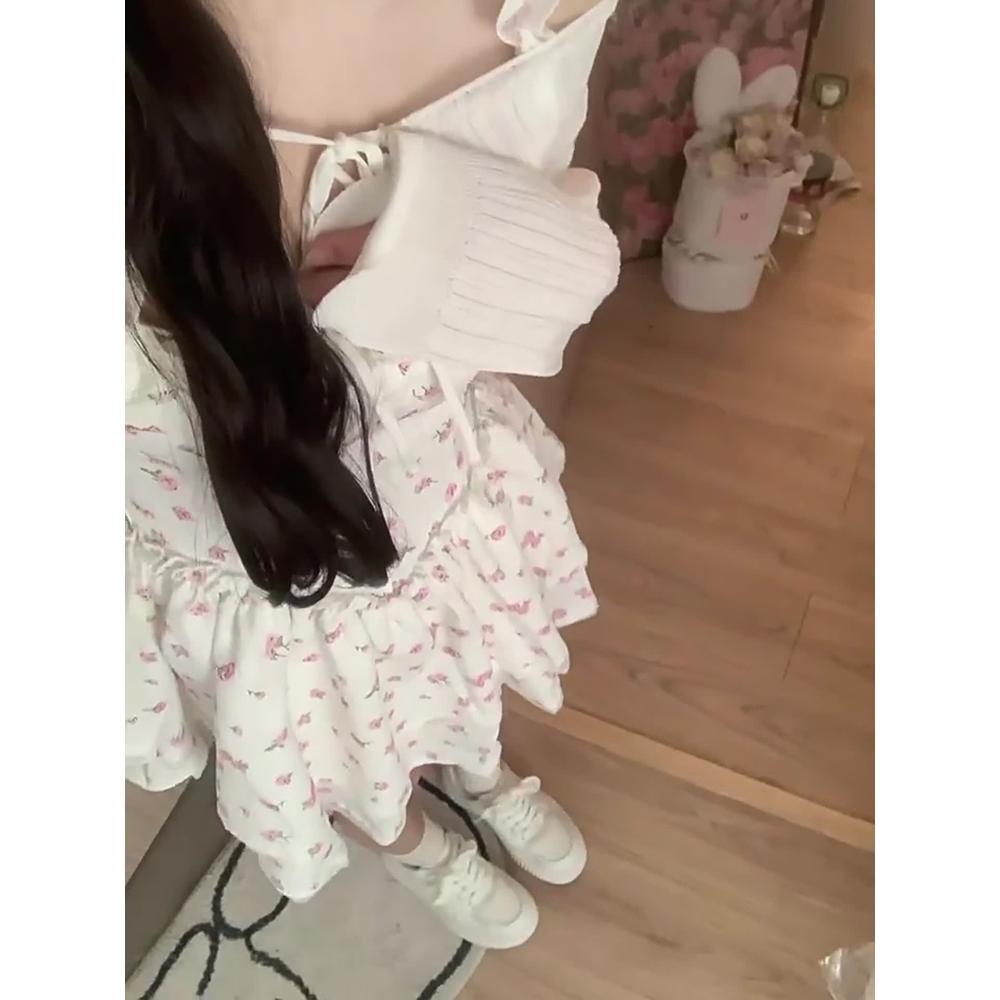 One-word Shoulder Floral Dress Women's Summer Casual Waist Niche Temperament A-word Fluffy Short Skirt