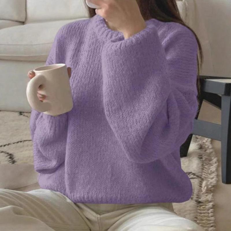 Crew neck imitation mohair sweater women's autumn and winter knitted top fashion casual sweater women's clothing