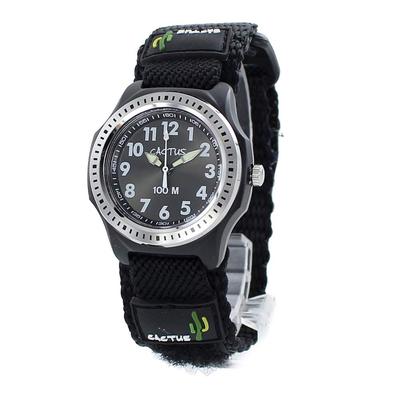 Relógio CACTUS para Meninos e Velcro Nylon Preto Infantil Meninas, À Prova D'água, Fecho, Pulseira, (CAC-45-M01)
