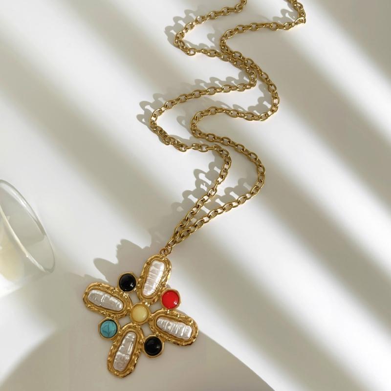 Lång Lager Kors Berlock Halsband Stadigt Rostfritt Stål Smycken Med Ädelstenar Och Imitationspärlor Detaljer