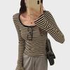 Women's Contrast Collar Striped Long-Sleeve T-Shirt - Autumn 2024 Slim Fit Design