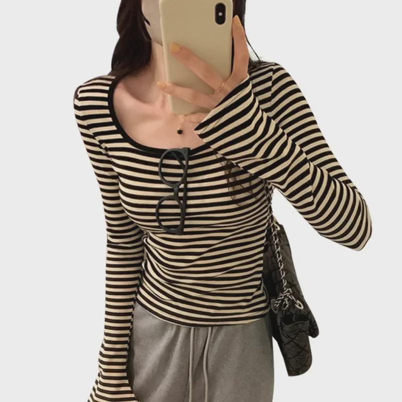 Women's Contrast Collar Striped Long-Sleeve T-Shirt - Autumn 2024 Slim Fit Design
