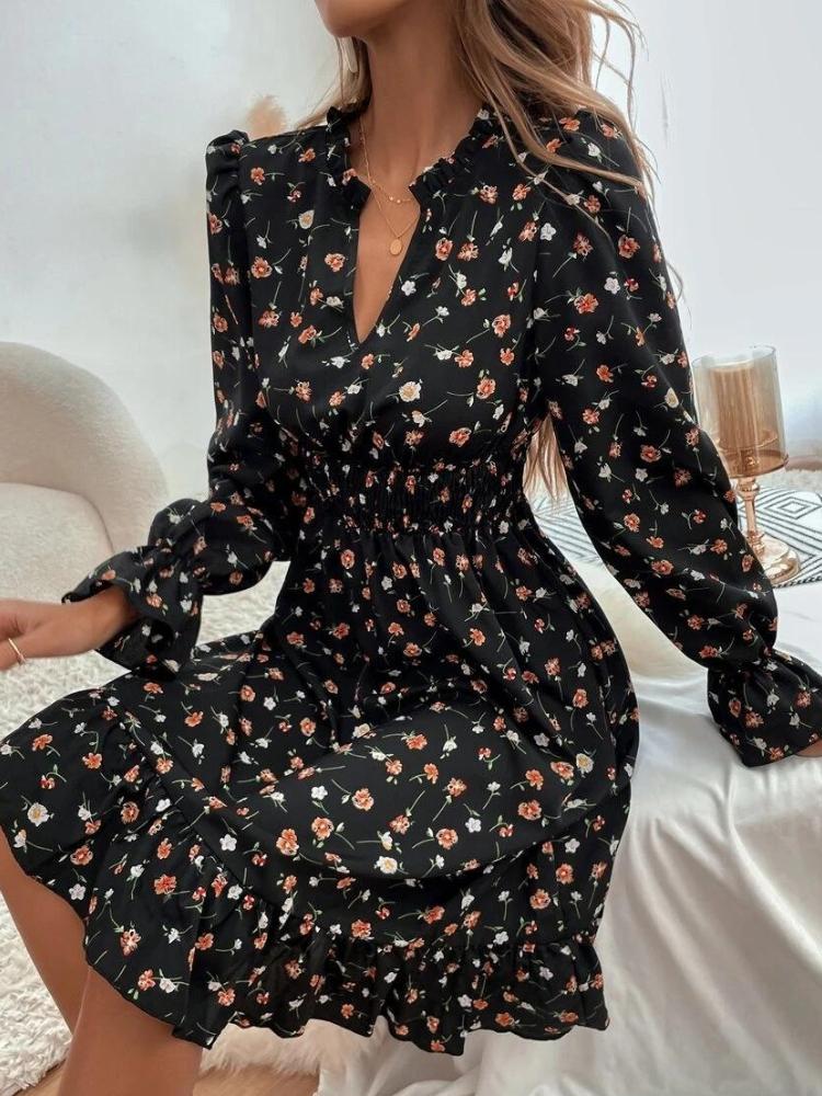 

Весна-лето Модное принтованное платье с V-образным вырезом и длинными рукавами Элегантное цветочное вечернее платье для женщин M чёрный