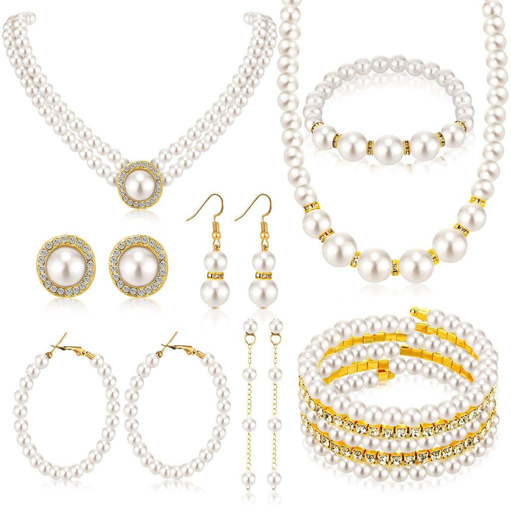 Vintage Chic Artificial Pearl Necklace And Earrings Set For Party Wear With Geometric Design