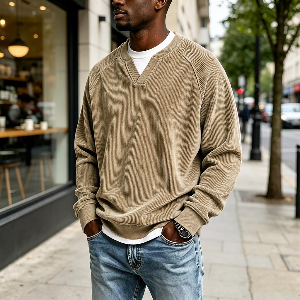 Men's V-neck Faux Two Piece Corduroy Long Sleeve Casual Sportswear T-shirt
