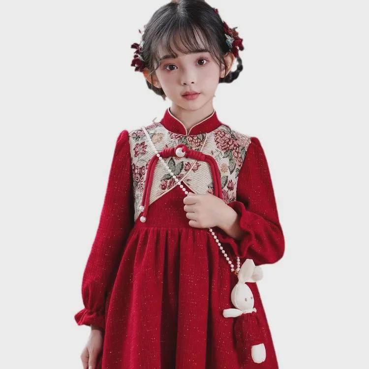 2024 Girls' Long-Sleeved Velvet Cheongsam - Red Chinese-Style Tang Dress
