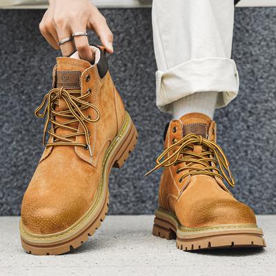 Martin Boots Big Yellow Boots Autumn and Winter Pigskin Tooling Snow Boots Velvet Couple Medium Tooling Boots 2345-K