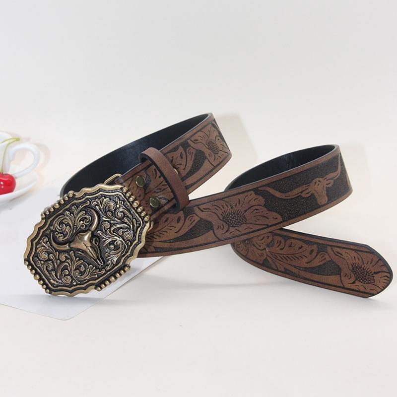 Embossed Pattern Wasitband Adjustable Belt For Daily Use And Outdoor Activity with Metal Bull Head Buckles for Men Women