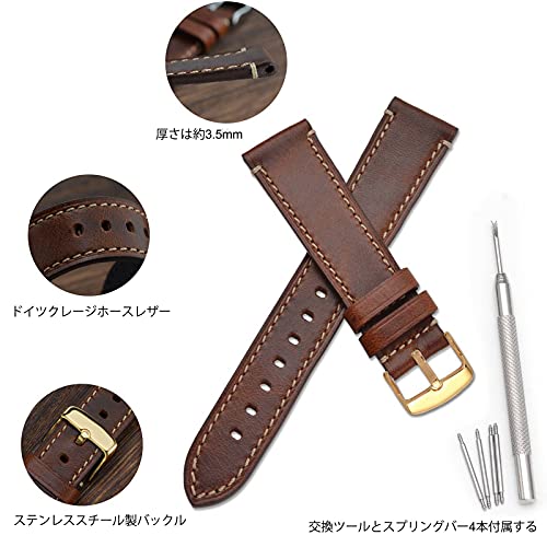 WOCCI 18mm Vintage Leather Replacement Watch Strap, Retro Genuine Leather Watch Band with Gold Buckle (Golden Brown)