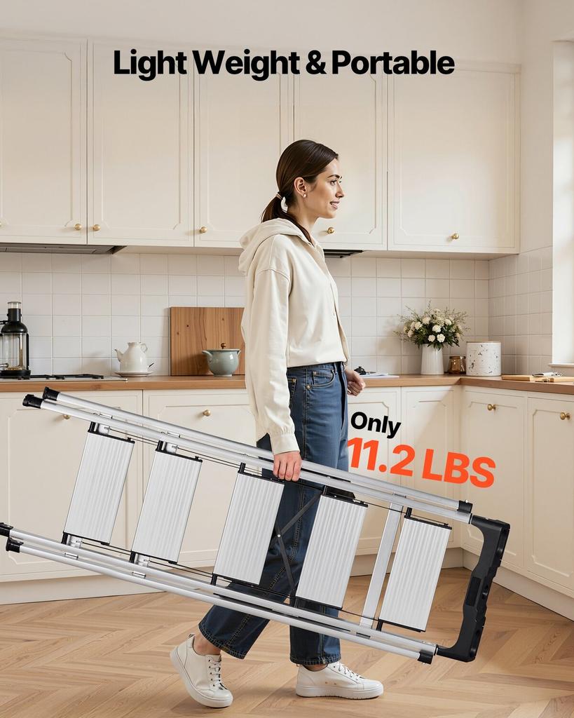 5 Step Ladder, Folding Step Stool with Wide Anti-Slip Pedal and Comfort Handgrip, 150 Kg Capacity Portable Aluminum Stepladder, Multi-Use for Kitchen,