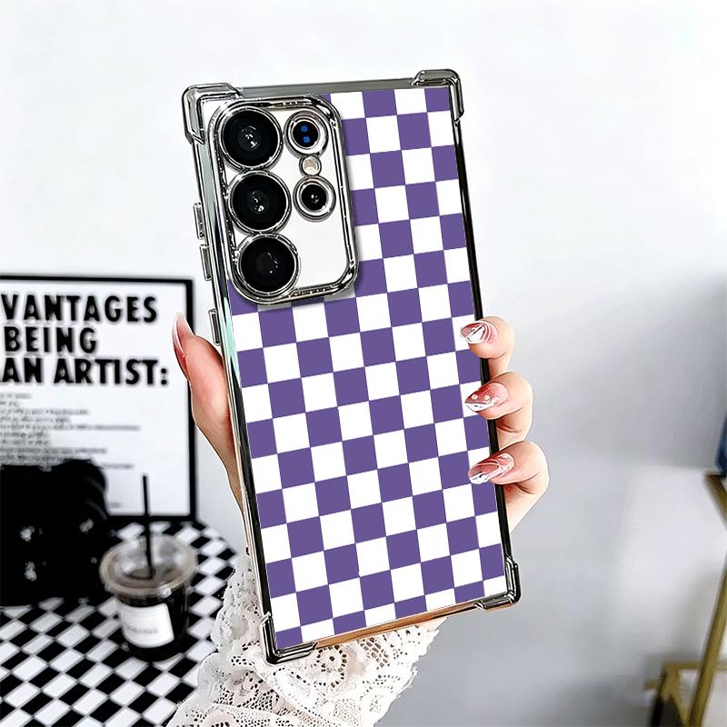 

Retro Classic Chess Board Grid Plating Phone Case For Samsung Galaxy S24 S25 FE S26 Edge S23 Ultra S22 S21 Plus S20 Anti-Fall Ai Samsung S26 Edge