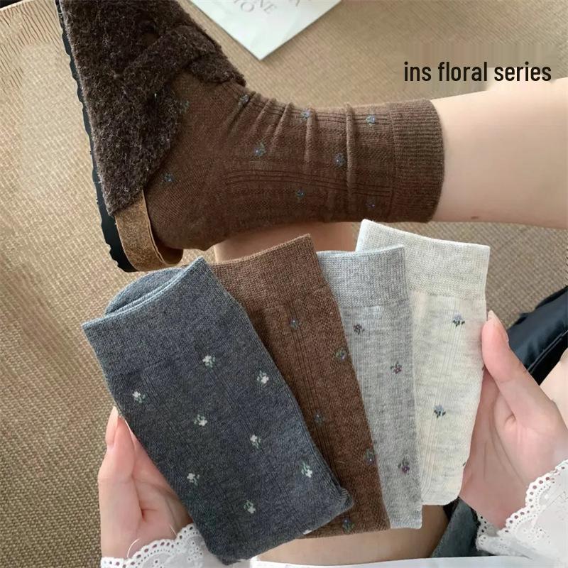 Women's French Retro Floral Mid-Calf Socks - Elegant Early Autumn Slouch Style