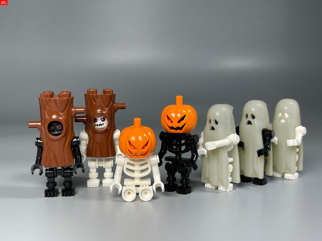 MOC Bausteine Halloween Kürbis Skorpion Zombie Gesicht Kopfbedeckung Skelett Geist Blut Grab DIY Bausteine Jungen Spielzeug