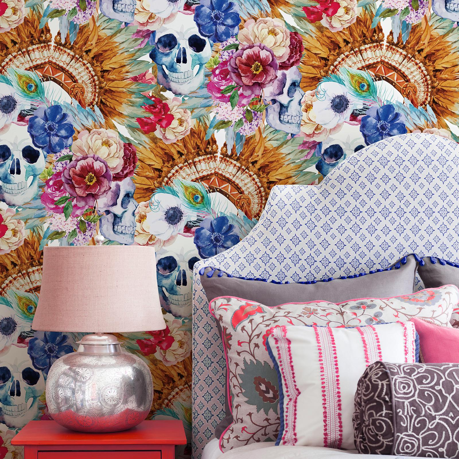 

Красочные Черепа Цветочные Хэллоуин Обои Шикарный Желтый Цветок Самоклеящиеся Фестивальный Декор Стен Скелеты Наклейка на Шкаф 44cmx300cm