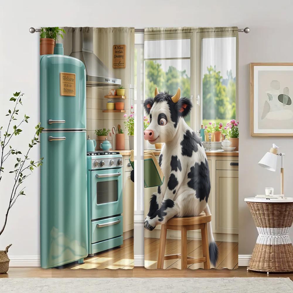 

Set Of 2 Filtering Curtains Excluding Rods Non Movable Without Batteries Large Cow Chef Use Bedrooms Living Rooms Curtain Polyester Perfect For W100*H70(CM)-Hooks&1PCS